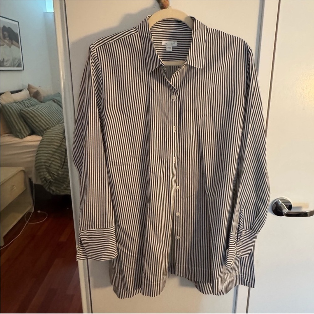 J. Jill Black White Stripe Longline Button Down Shirt Oversized Size L